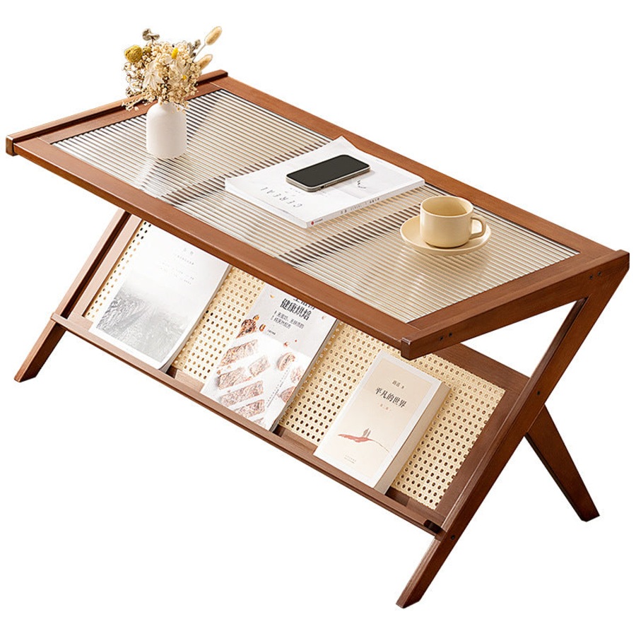 FORET 100cm Bamboo Coffee Table With Storage Shelf Modern Wooden Tea Table Brown