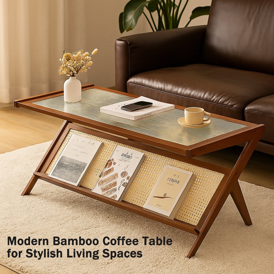 FORET 100cm Bamboo Coffee Table With Storage Shelf Modern Wooden Tea Table Brown