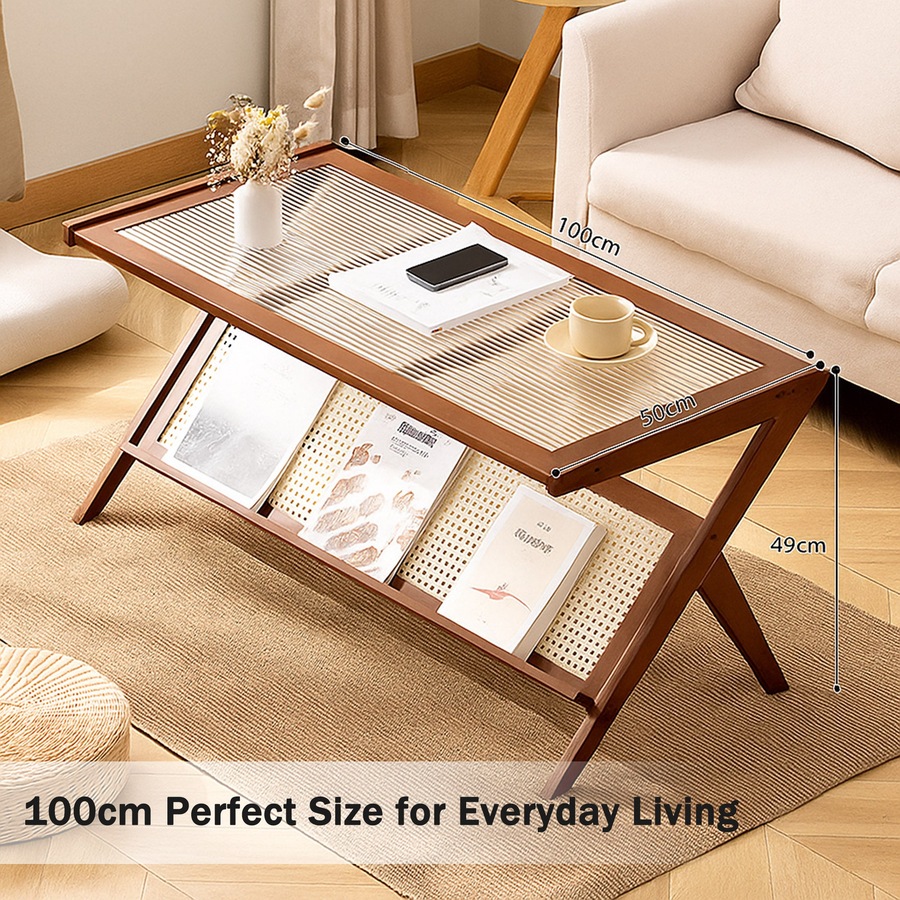 FORET 100cm Bamboo Coffee Table With Storage Shelf Modern Wooden Tea Table Brown