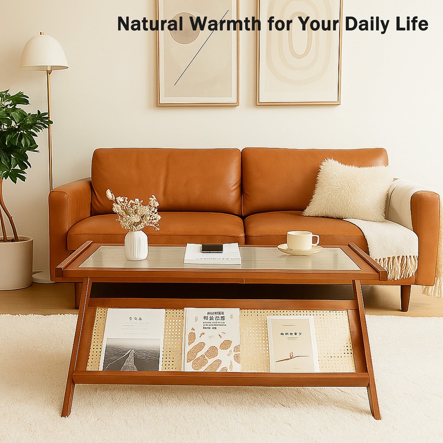 FORET 100cm Bamboo Coffee Table With Storage Shelf Modern Wooden Tea Table Brown