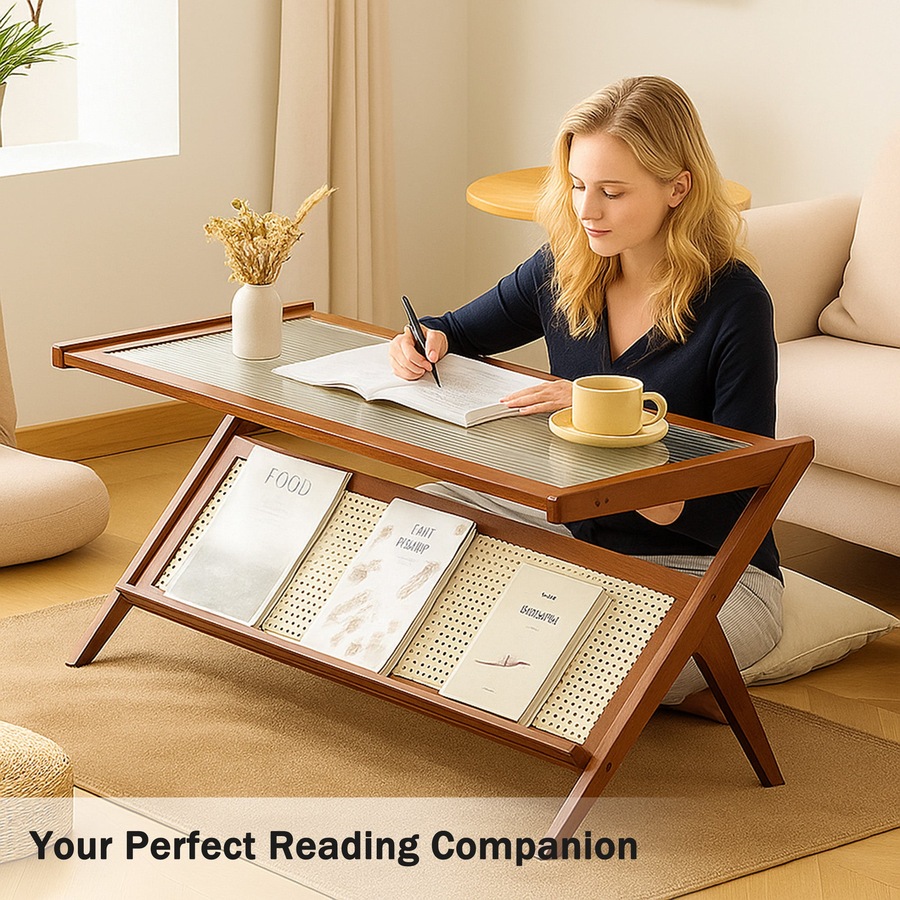 FORET 100cm Bamboo Coffee Table With Storage Shelf Modern Wooden Tea Table Brown