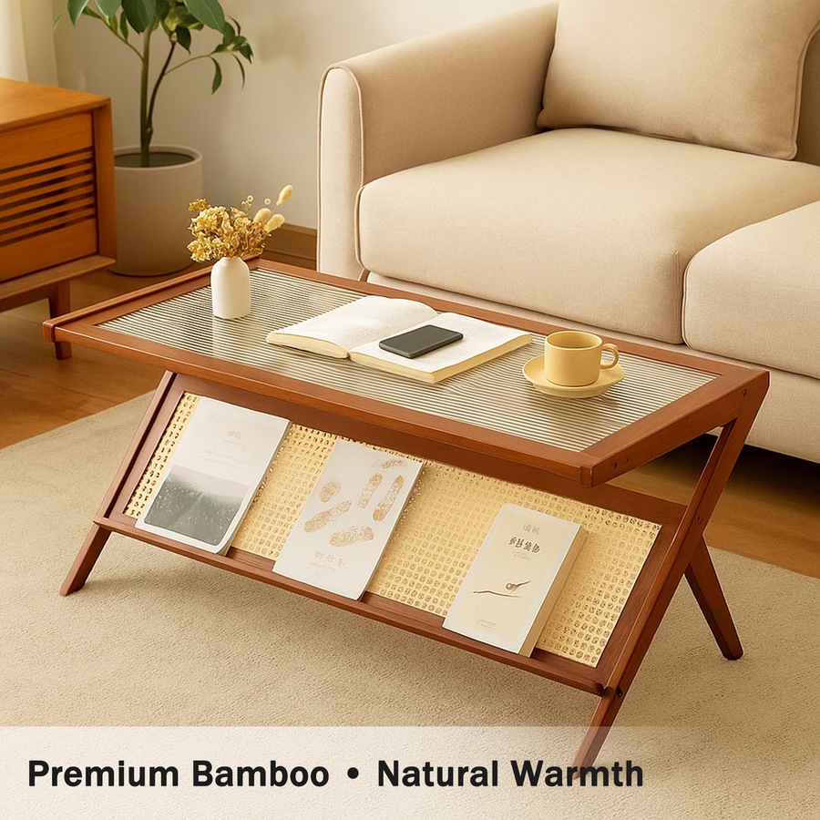 FORET 100cm Bamboo Coffee Table With Storage Shelf Modern Wooden Tea Table Brown