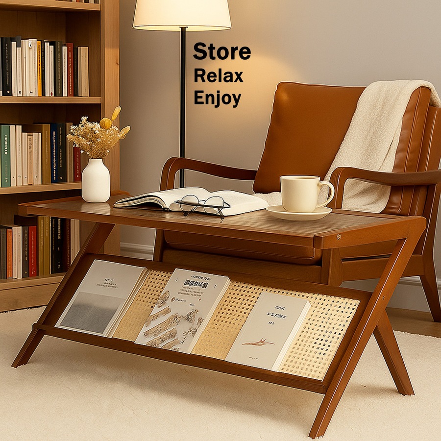 FORET 100cm Bamboo Coffee Table With Storage Shelf Modern Wooden Tea Table Brown