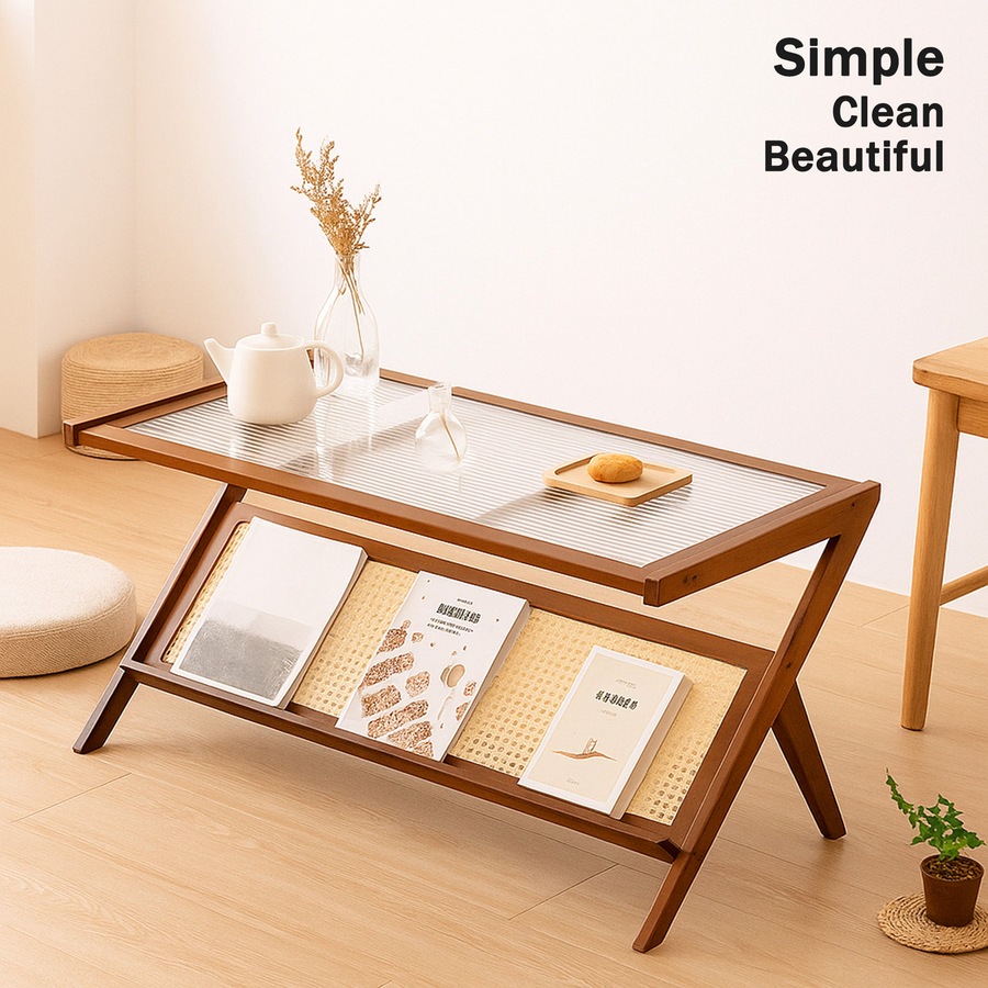 FORET 100cm Bamboo Coffee Table With Storage Shelf Modern Wooden Tea Table Brown