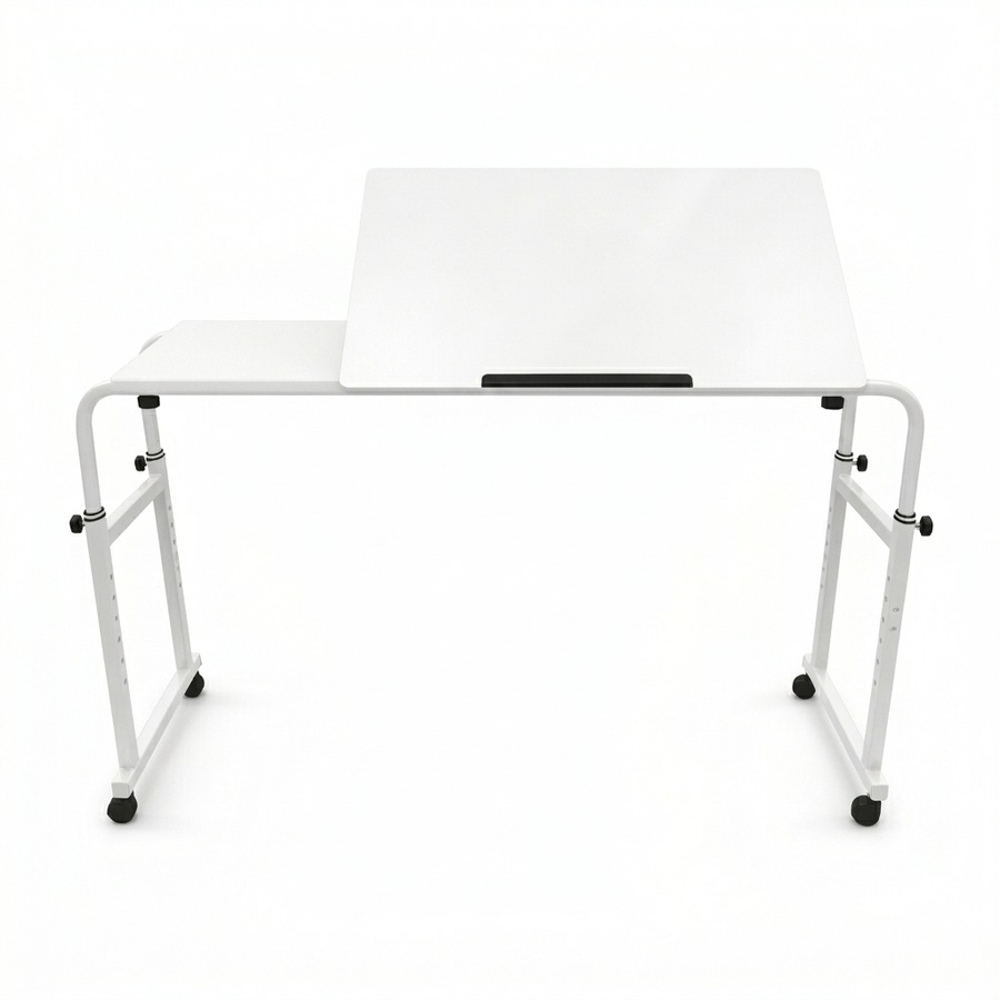 FORET 120cm Adjustable Overbed Table Rolling Bed Desk Tilt Top White