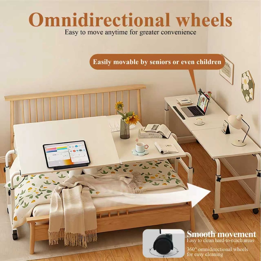 FORET 120cm Adjustable Overbed Table Rolling Bed Desk Tilt Top White
