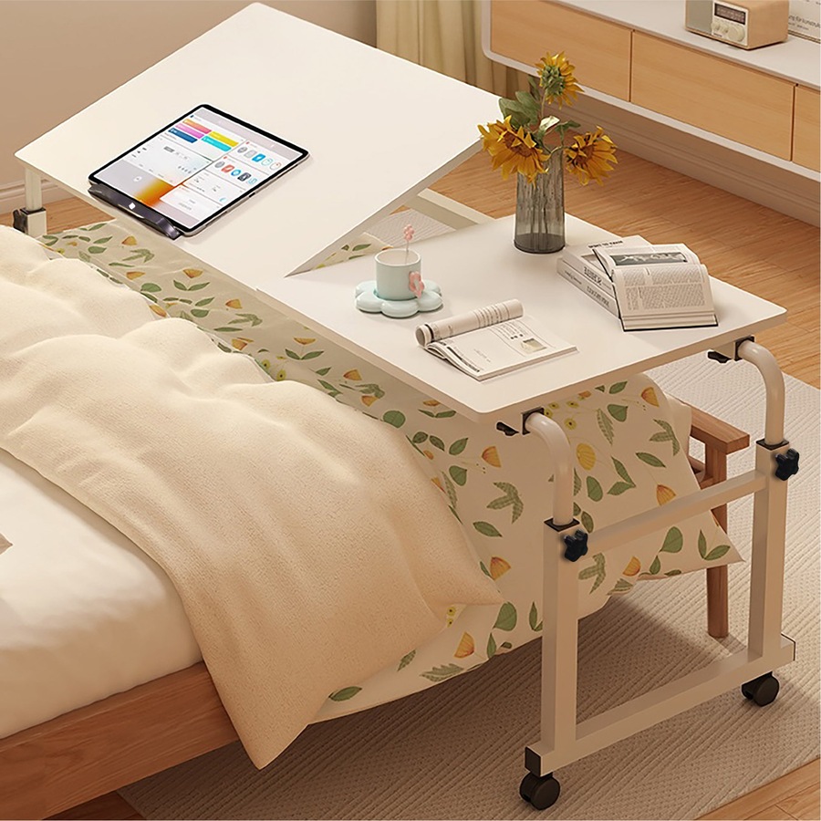 FORET 120cm Adjustable Overbed Table Rolling Bed Desk Tilt Top White