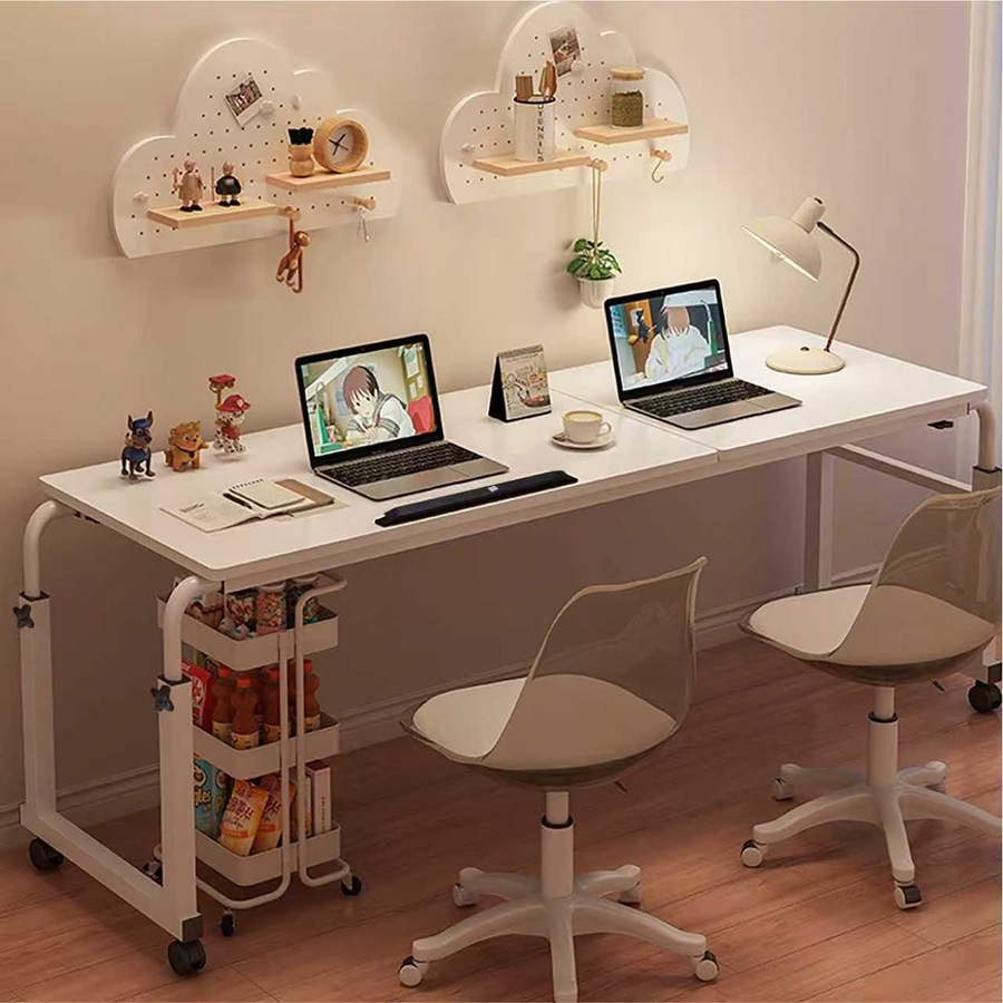 FORET 120cm Adjustable Overbed Table Rolling Bed Desk Tilt Top White