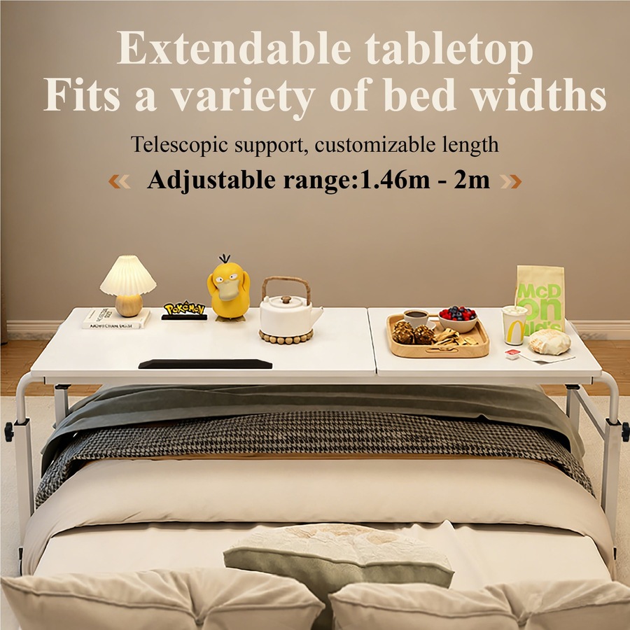 FORET 120cm Adjustable Overbed Table Rolling Bed Desk Tilt Top White