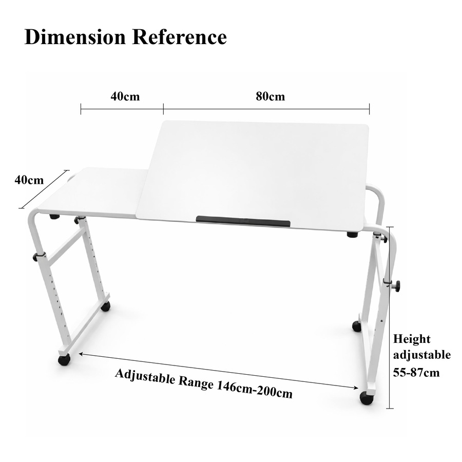 FORET 120cm Adjustable Overbed Table Rolling Bed Desk Tilt Top White