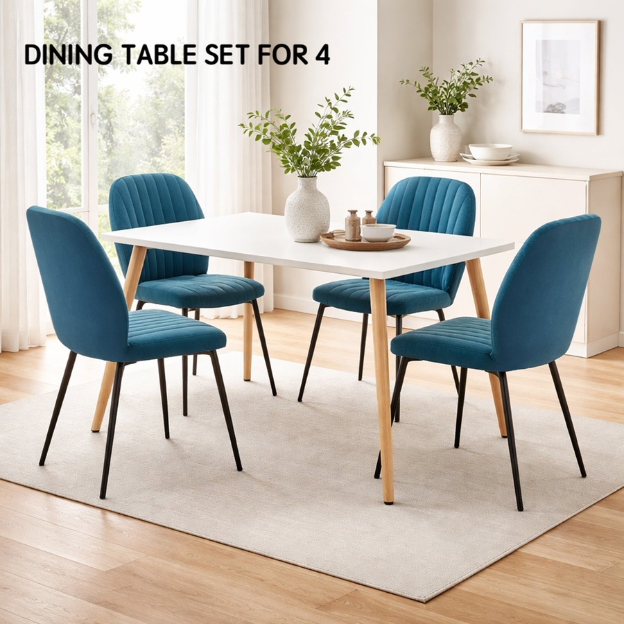 FORET 5pcs Dining Table Set 120cm White Table & 4 Blue Upholstered Chairs