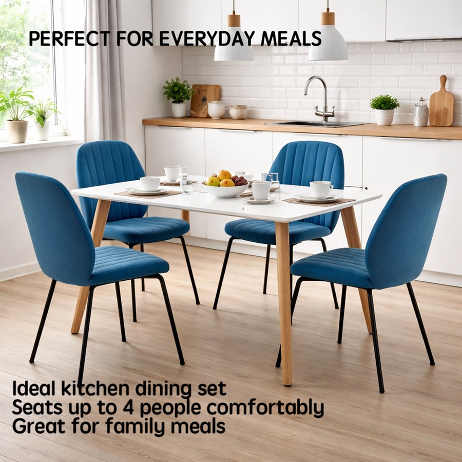 FORET 5pcs Dining Table Set 120cm White Table & 4 Blue Upholstered Chairs