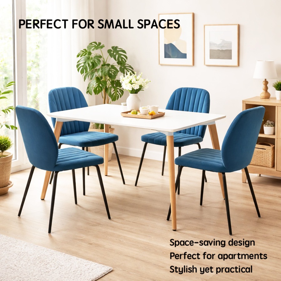 FORET 5pcs Dining Table Set 120cm White Table & 4 Blue Upholstered Chairs