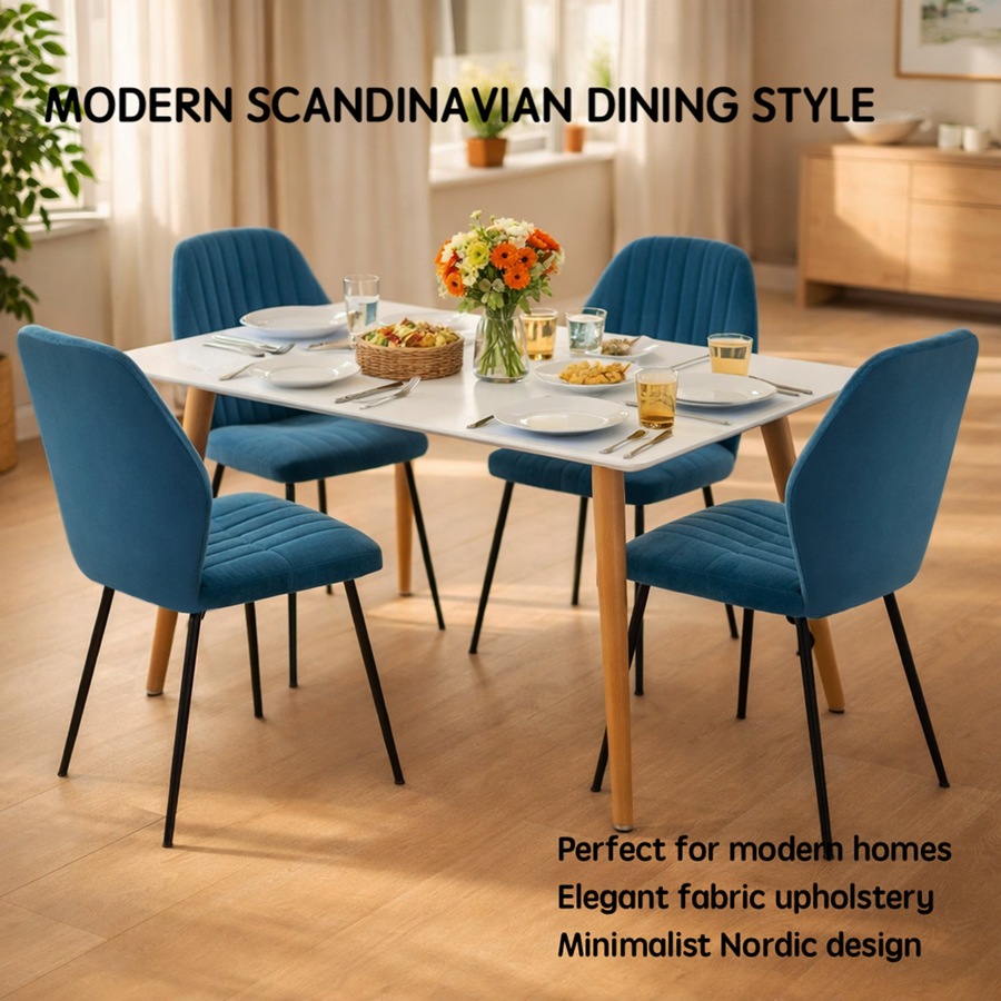 FORET 5pcs Dining Table Set 120cm White Table & 4 Blue Upholstered Chairs