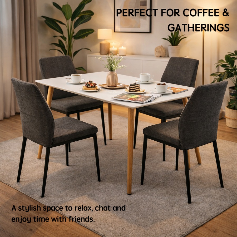 FORET Dining Table Set For 4 White Table Dark Grey Fabric Chairs