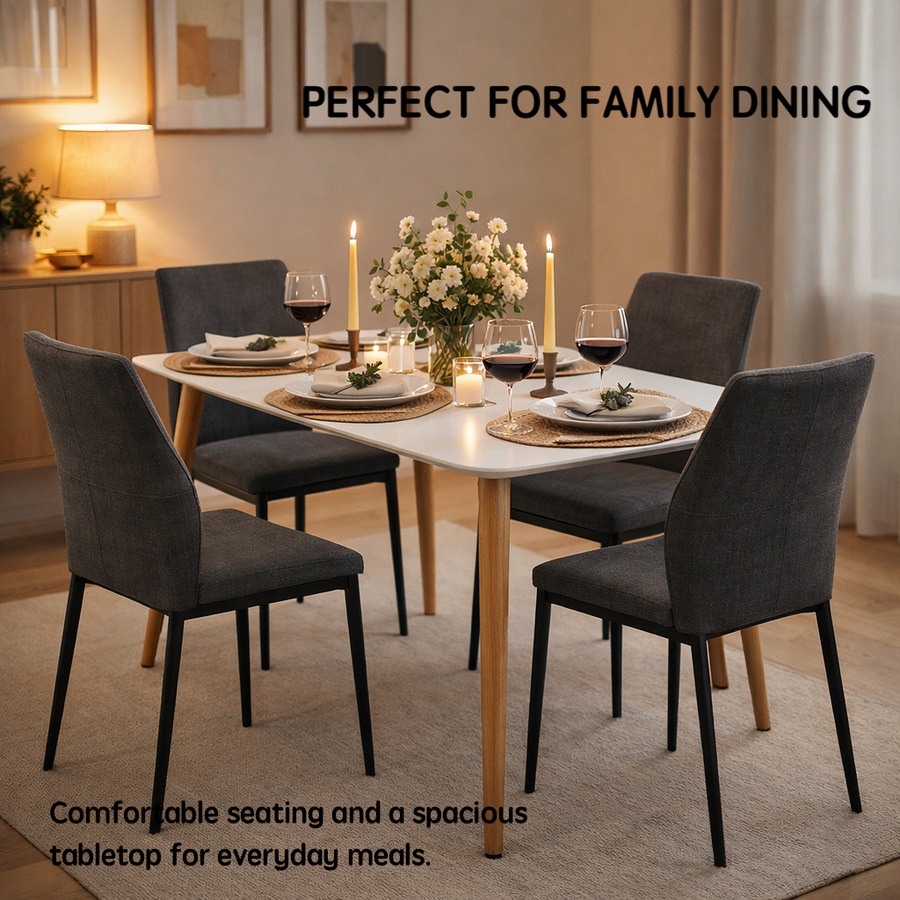 FORET Dining Table Set For 4 White Table Dark Grey Fabric Chairs