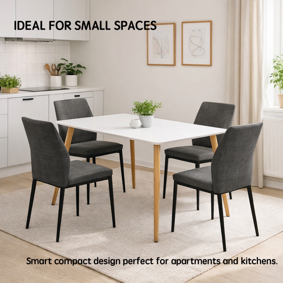 FORET Dining Table Set For 4 White Table Dark Grey Fabric Chairs