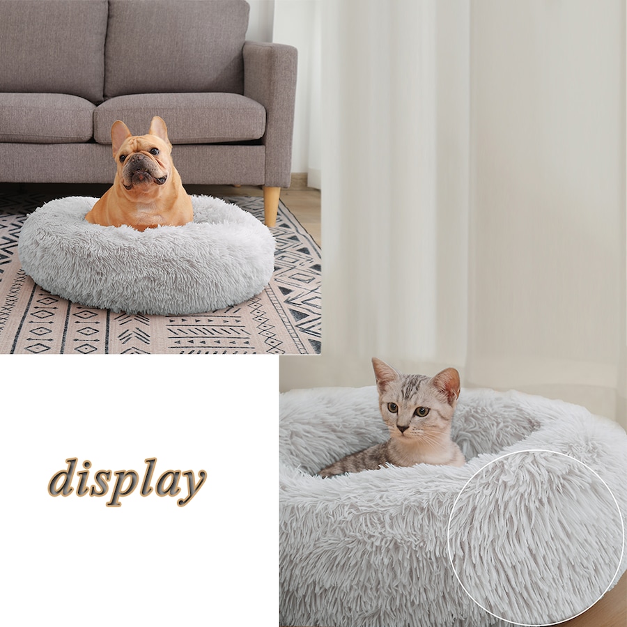 Warm Plush Round Donut Pet Dog Cat Bed Fur Cuddler Soft Puppy Calming Kennel Cushion