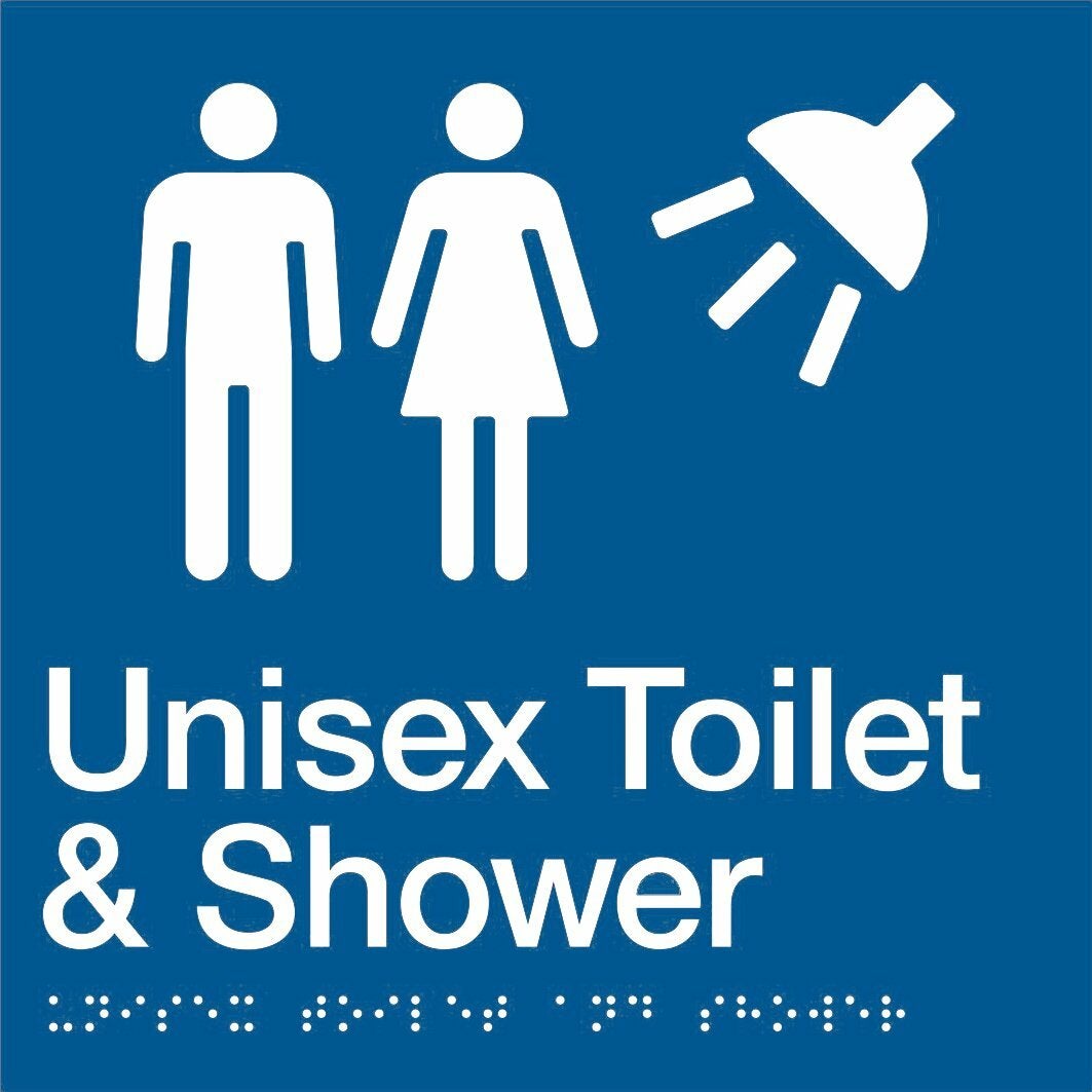 AS1428 Compliant Toilet Shower Sign BLUE Unisex Braille MFTS 180x180x3mm