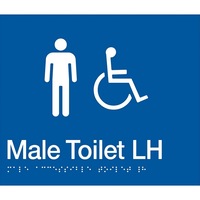 AS1428 Compliant Toilet Sign BLUE Male Disabled Braille LH Transfer MDTLH