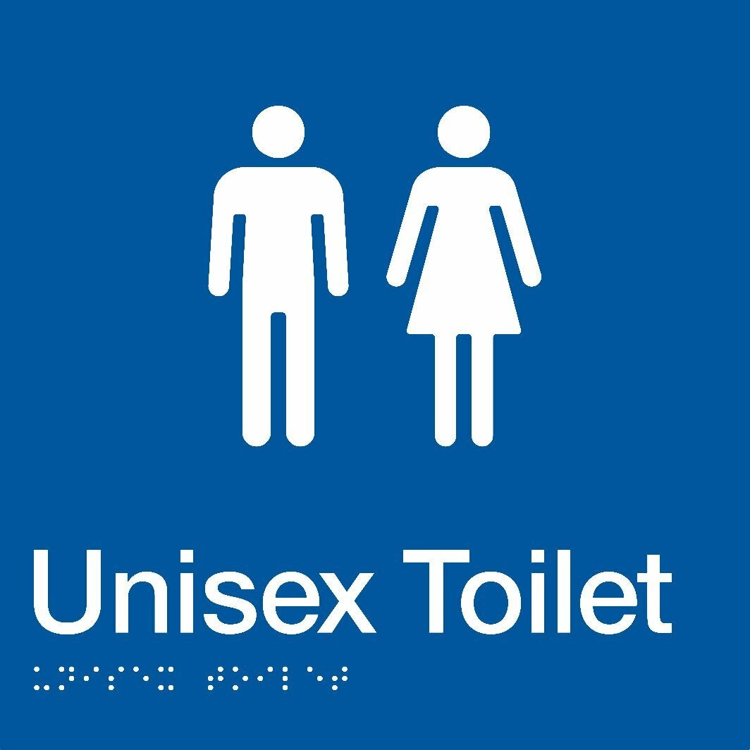 AS1428 Compliant Toilet Sign Unisex Braille Blue MFT BLUE 180x180x3mm