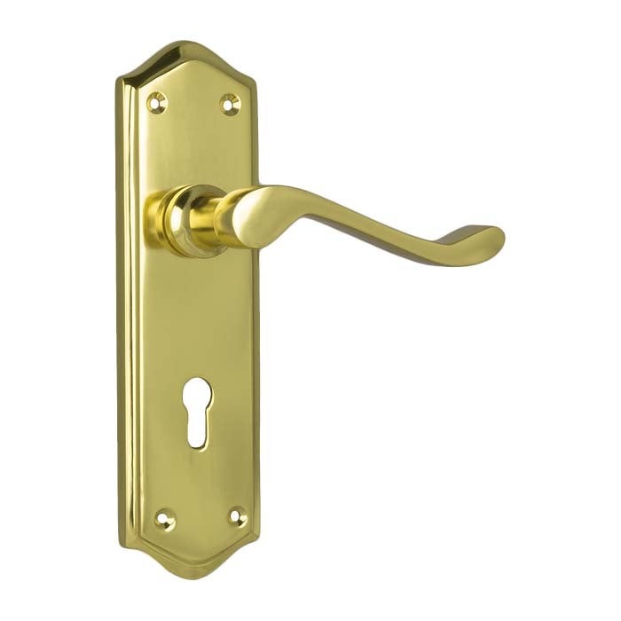 Tradco Henley Lever Door Handle on Shouldered Backplate Polished Brass