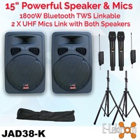 E-Lektron JAD-38K 2X15" inch Karaoke Set 1800W Powered Bluetooth TWS Speakers 2 Tunable UHF Microphones Stands