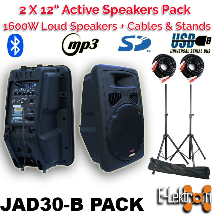 2 X E-Lektron Digital Sound System USB/SD & Bluetooth Active Loud 12 inch 800W Powered Speakers Set With Stands