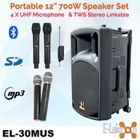 E-Lektron EL30-M 700W 12" inch Bluetooth Wireless linkable Loud Portable PA Speaker Sound System incl.4 UHF Handheld Mics for Karaoke Coach Speech Singing