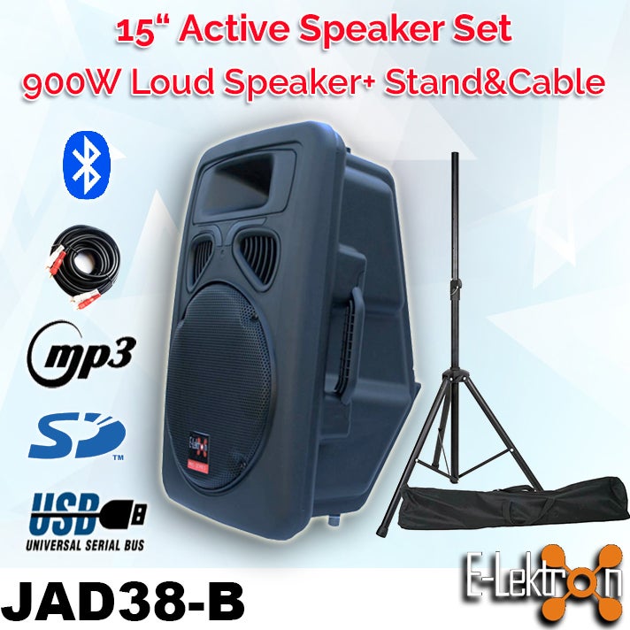 E-lektron 15" inch Powerful 900W Active Speaker Loud Digital Sound System PA Bluetooth + Speaker Stand