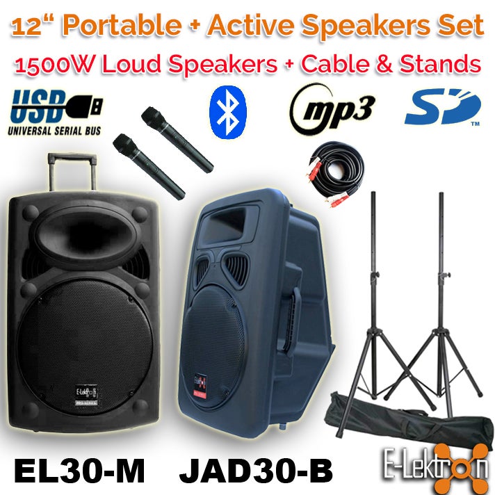 E-lektron 2 X 12" inch 1500W Portable+Active Speakers Sound System Battery PA BT/USB/ Mics with Stands