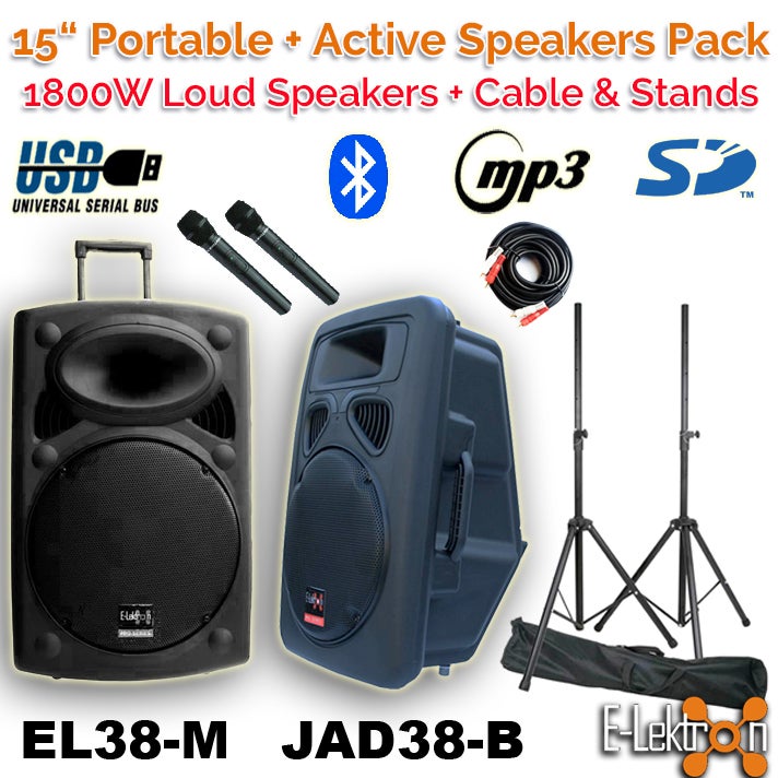 E-lektron 2 X 15" inch 1800W Portable+Active Speakers Sound System Battery PA BT/USB/ Mics with Stands