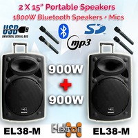 E-Lektron 1800W 2 X 15" inch Bluetooth Portable Loud Speakers Sound System Battery Operate USB Record 2 Microphones