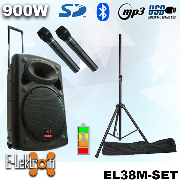 E-Lektron EL38-M 15 inch Mobile PA Sound System Bluetooth Battery Recoding MP3 USB SD incl. 2 Wireless microphones 900W Karaoke Sound System with Stand