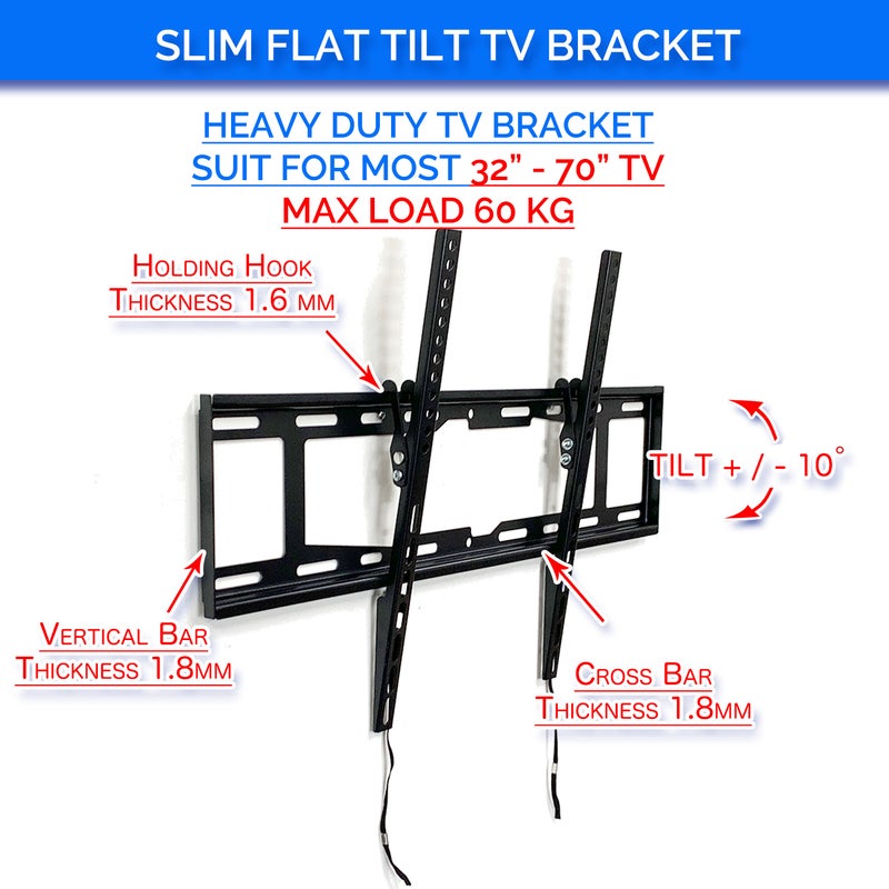 Slim Tilt Flat TV Wall Mount for 37"-70" LED LCD Plasma TV Monitor Bracket Max Load Capacity up to 70kg