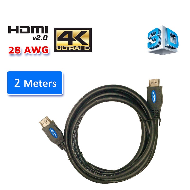 HDMI 2.0 High Speed Cable 2M Gold Plated Connectors Ethernet ARC HD 1080p 3D Cinema Plus 28AWG 4K 60Hz HDCP