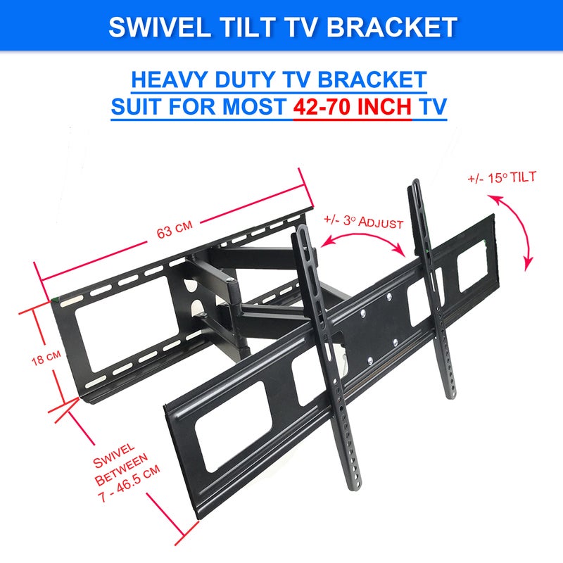 Full Motion Articulating Swivel Tilt LCD LED Flat TV Wall Mount Bracket for 42"-70" TVs Easy to install 70kg Capacity