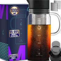 100% Airtight Cold Brew Glass Coffee Maker Iced Tea Maker Juice Water Carafe Server, Double Mesh Stainless Steel Filter (1L)