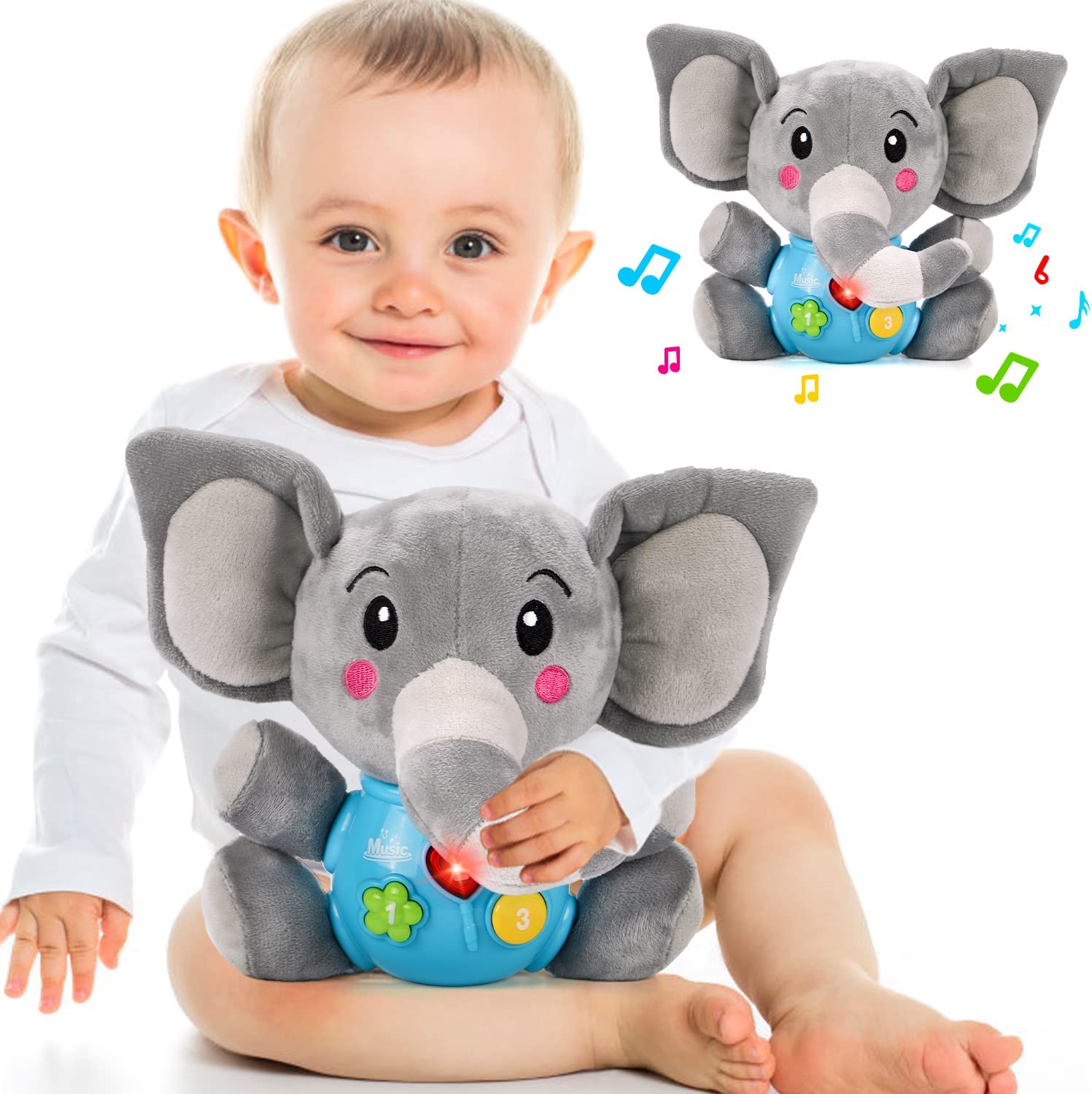 Plush Elephant Music Baby Toys,Toddler Light Up Educational Montessori Stuffed Animal for Kids