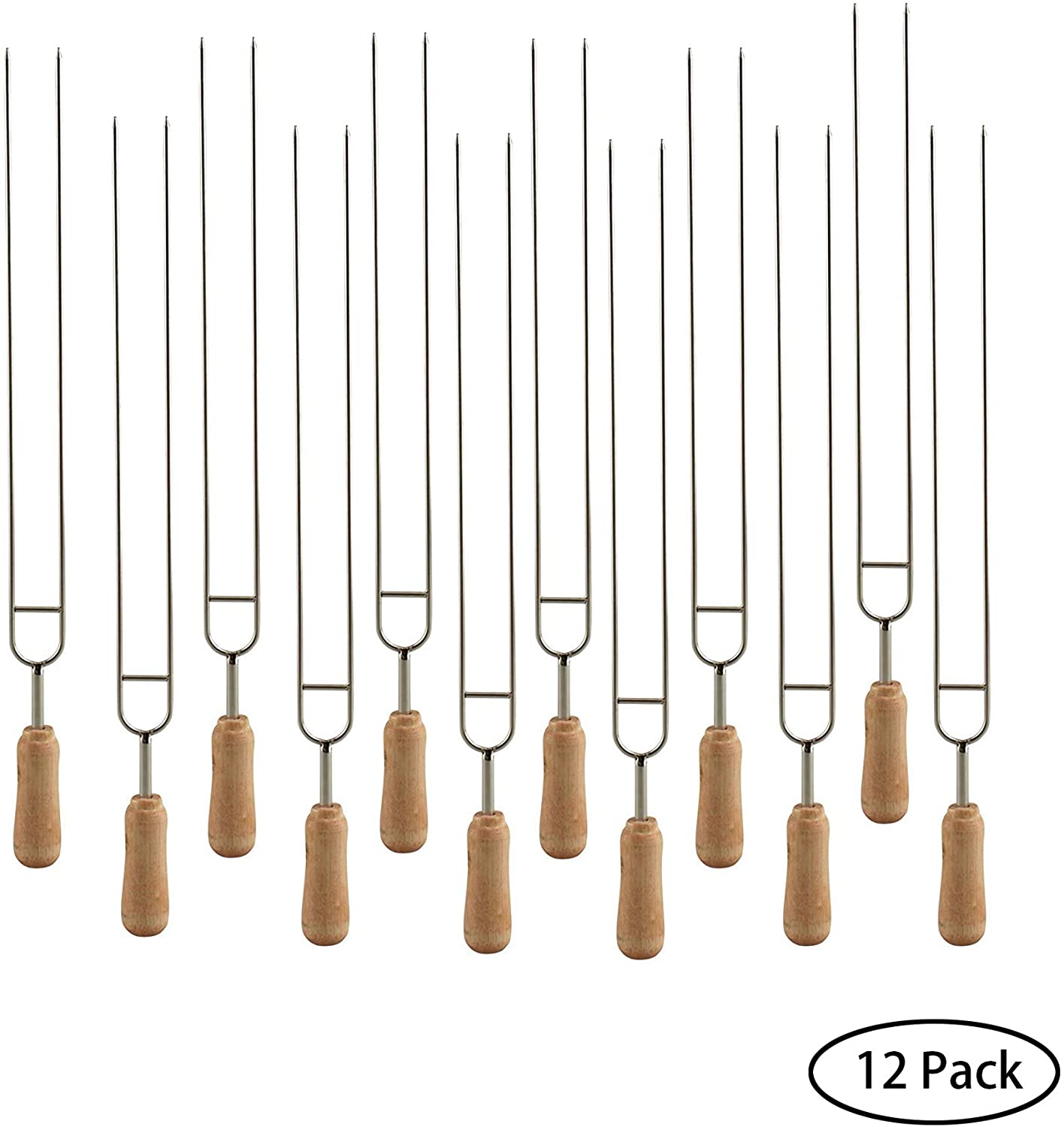 12-Pieces Double Prongs BBQ Barbecue Shish Kebab Skewers Stainless Steel Wooden Handle 15 inch