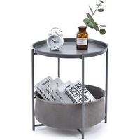 Coffee Round Table,Metal Nightstand,Sofa Side Snack Table,Bedside End Table with Detachable Tray Top and Fabric Storage Basket, Scandi Style Lamp Table for Living Room Bedroom
