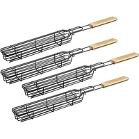 Kabob Grilling Basket - Heavy Duty Stainless Steel Kebab BBQ Grill Box Tool with Lockable Grid and Wood Handle ( Set of 4 )