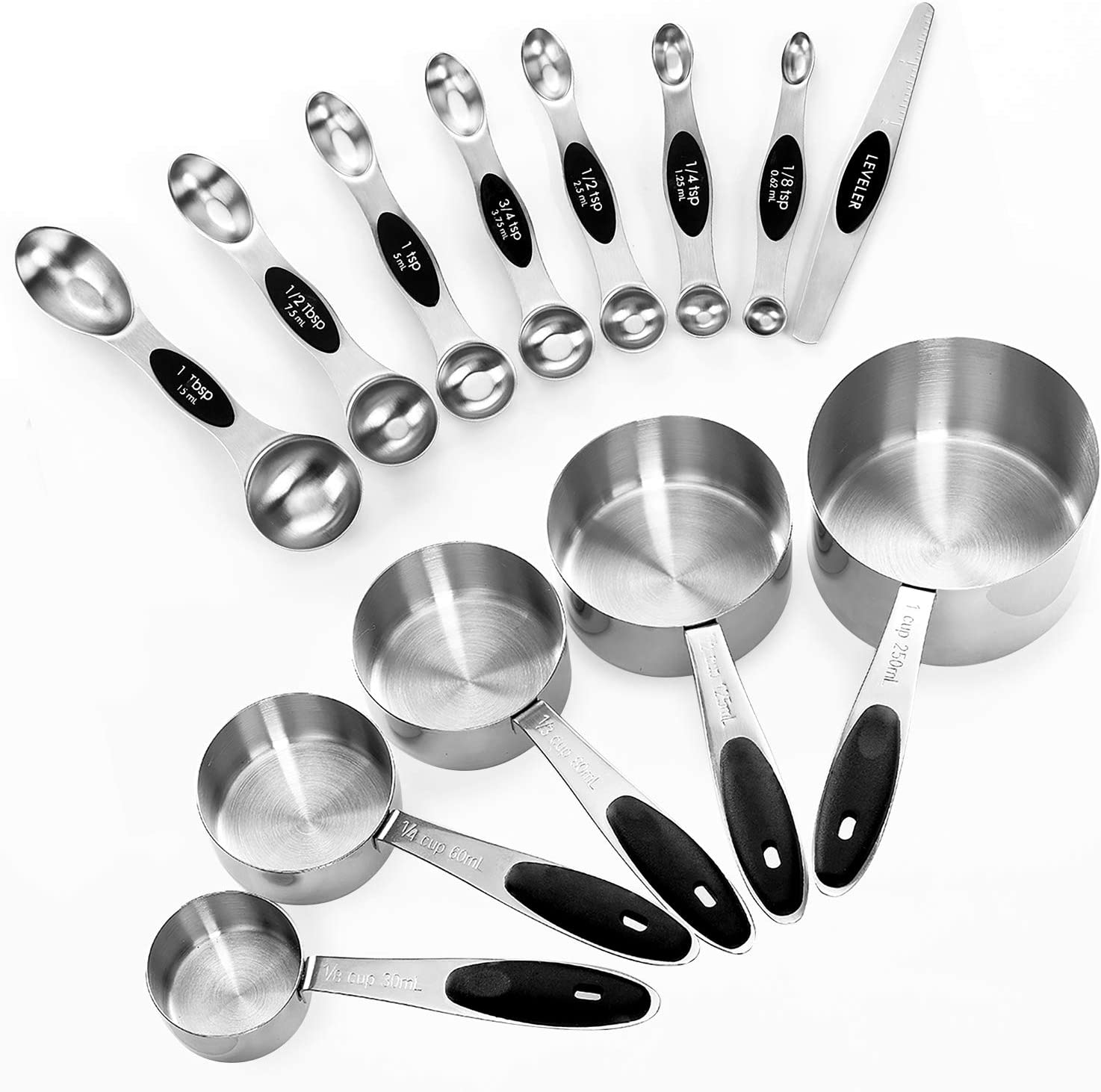 Measuring Cups and Magnetic Measuring Spoons Set, Stainless Steel 5 Cups and 7 Spoons and 1 Levele