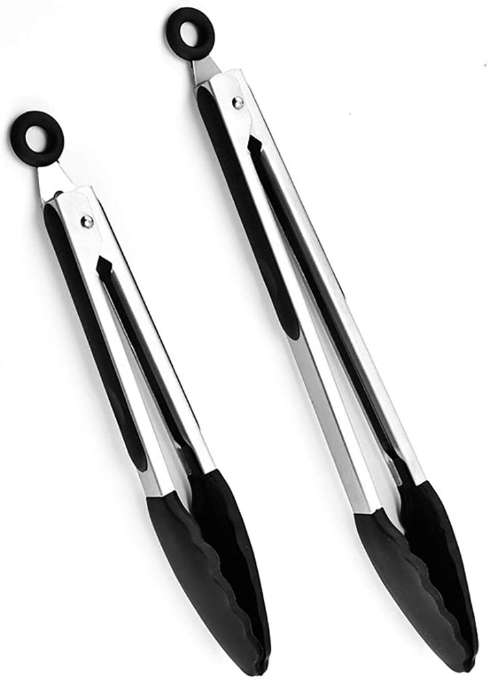 Pack of 2 Stainless Steel Silicone BBQ and Kitchen Tongs for Cooking, Baking, Barbecue, Salad
