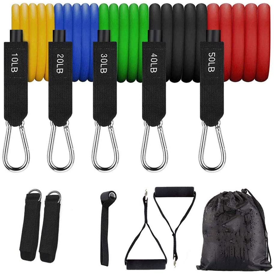 Resistance Band Set Includes 5 Stackable Exercise Bands with Handles Carry Bag Ankle