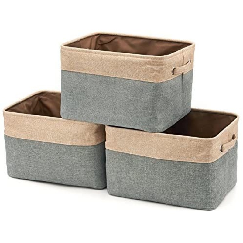 Set of 3 Collapsible Large Cube Fabric Linen Canvas Storage Bins Baskets for Shelves Cubby