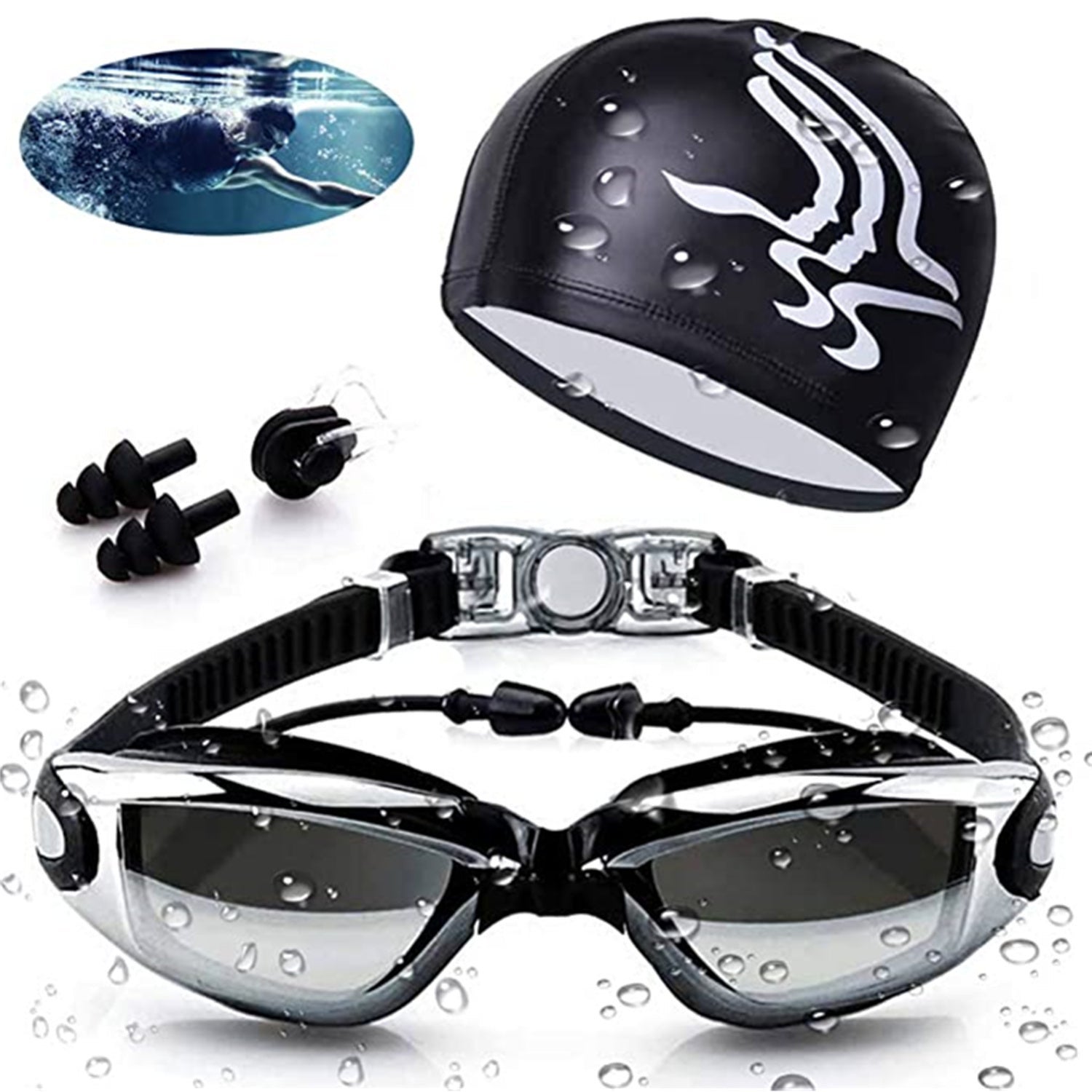 Swimming Goggles, Universal Swim Goggles Set with Swim Cap And Earplugs Anti Fog Clear Vision UV Protection