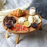 Wooden Folding Picnic Table with Wine Glass Holder - Portable Creative 2 in 1 Wine Glass Rack & Compartmental Dish for Cheese and Fruit for Outdoor
