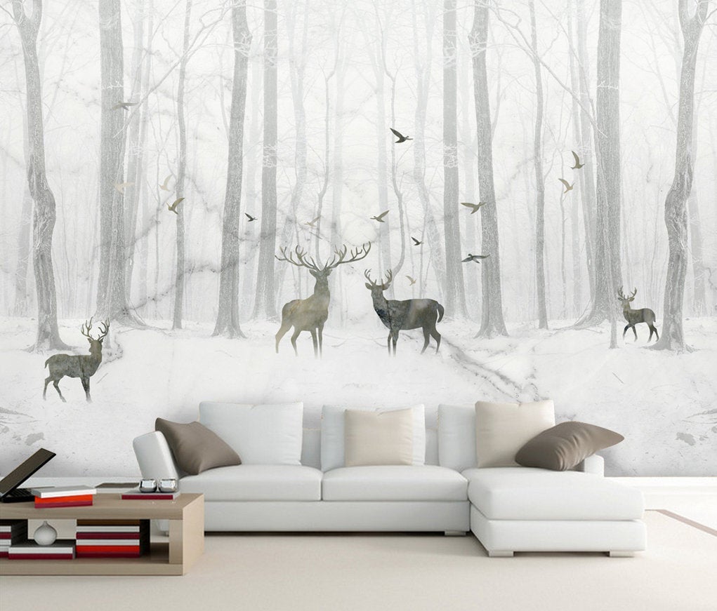 3D Black White Elk Forest Removable Wallpaper,Peel and stick Wall Mural