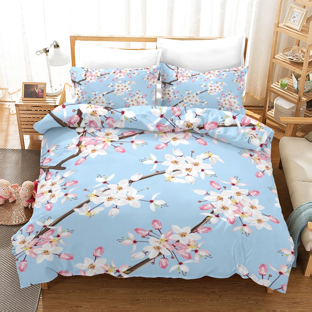 3D Hand Drawn Blue Flowering Branch Quilt Cover Set Bedding Set Duvet Cover Pillowcases 125